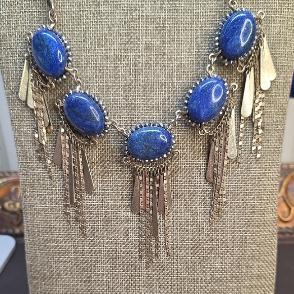 Jewelry - Lapis Lazuli Gold Tone Statement Dangle Necklace With Fringe